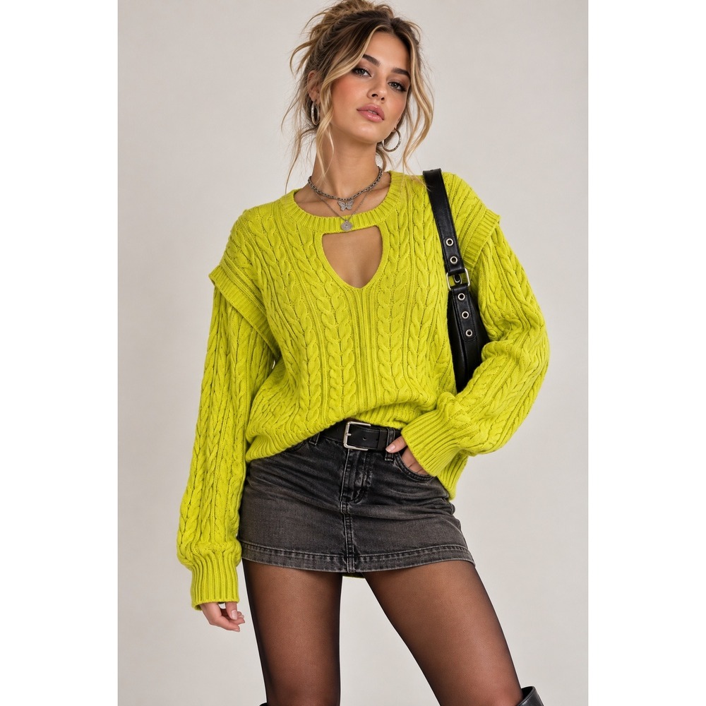 Venus Y2K Dopamine Chartreuse Cable Knit Cutout Sweater XL Green Vibrant Top
